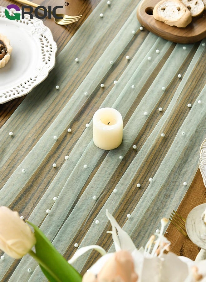 GROIC عداء طاولة لؤلؤي، 75*300 سم، غطاء طاولة شفاف من التول الأخضر، غطاء طاولة حجاب للحلويات، زينة لينة من الدانتيل، زينة طاولة رومانسية، مفارش لحفلات الزفاف، حفلات استقبال المواليد، أعياد الميلاد، المنزل - Image 4